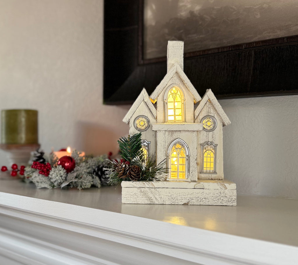 Lighted Natural Wood Christmas Meeting House, Church Decoration with Timer, 11.5" High, White Wood House with Greenery and Berries