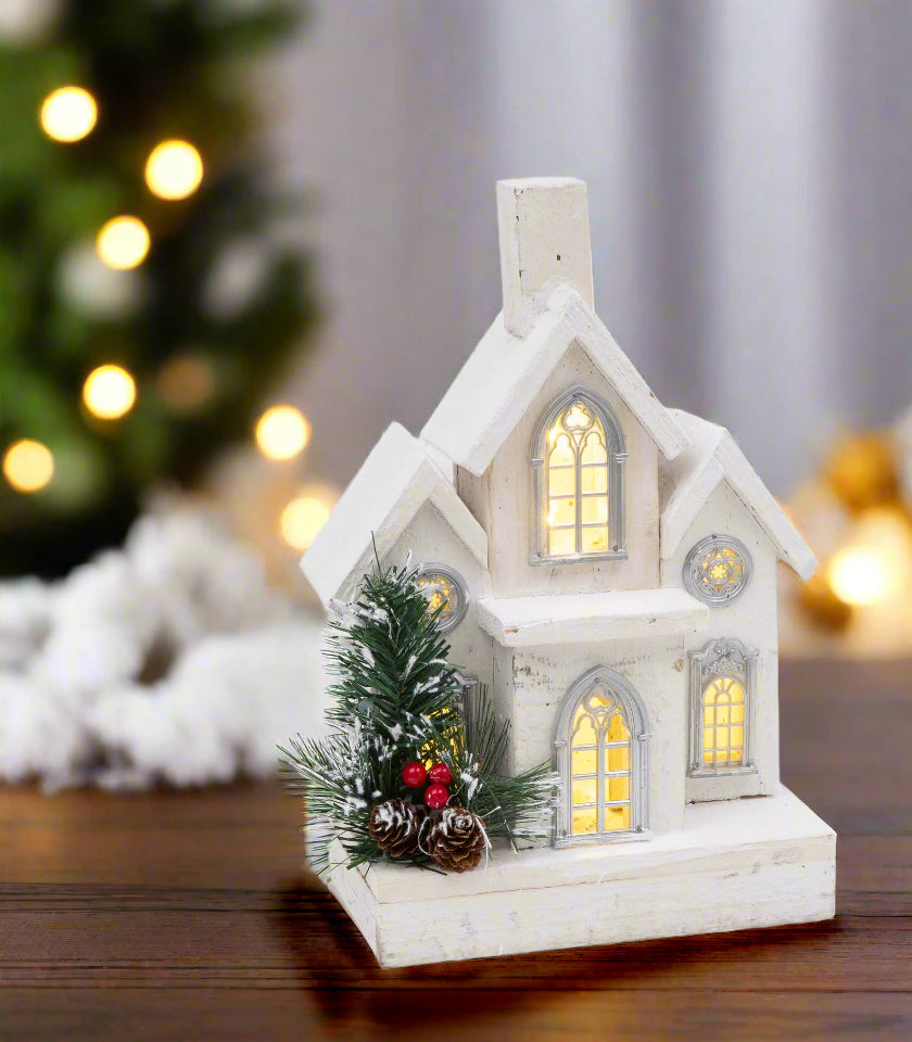 Lighted Natural Wood Christmas Meeting House, Church Decoration with Timer, 11.5" High, White Wood House with Greenery and Berries