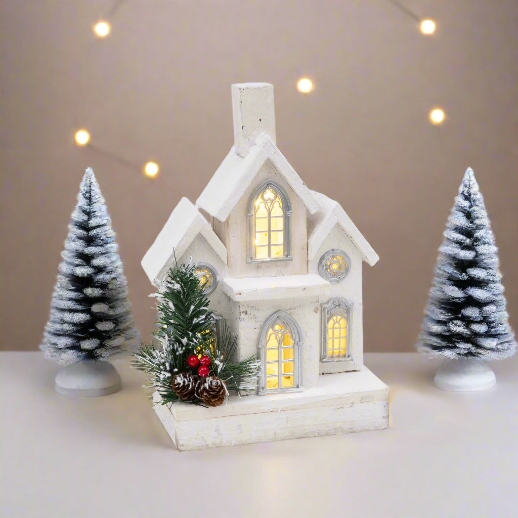 Lighted Natural Wood Christmas Meeting House, Church Decoration with Timer, 11.5" High, White Wood House with Greenery and Berries