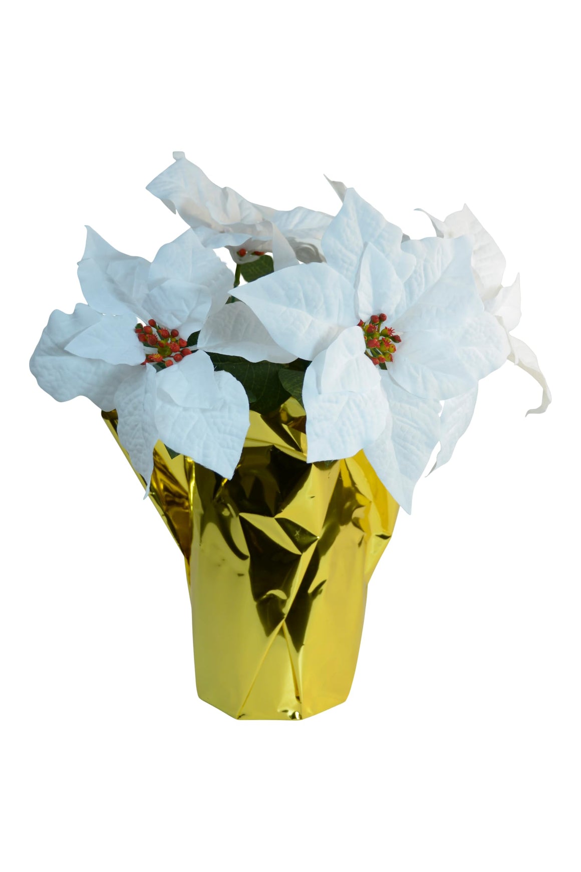 Artificial White Poinsettia Plant in Gold Foil Base, 15 Inch Height, 5 Blooms, Christmas Decoration
