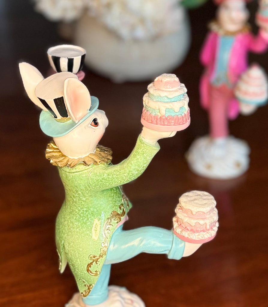 TenWaterloo Easter Bunny Tea Party Rabbit Figurines, 12.5 Inches High, Pink and Green with Gold Accents, Carved Elegant Decor, Spring Tabletop Decoration, Set of 2