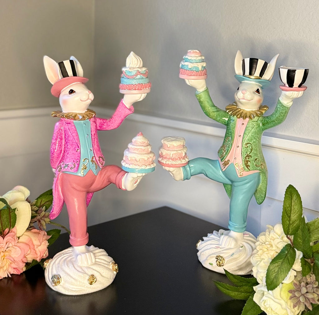 TenWaterloo Easter Bunny Tea Party Rabbit Figurines, 12.5 Inches High, Pink and Green with Gold Accents, Carved Elegant Decor, Spring Tabletop Decoration, Set of 2