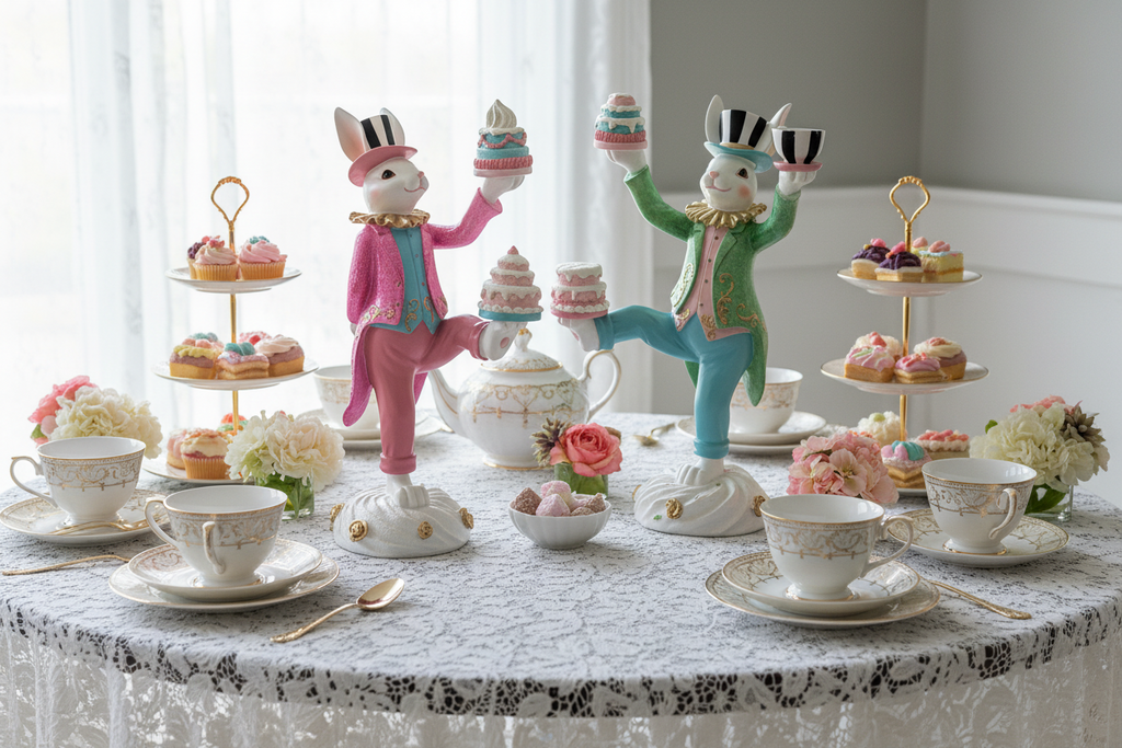 TenWaterloo Easter Bunny Tea Party Rabbit Figurines, 12.5 Inches High, Pink and Green with Gold Accents, Carved Elegant Decor, Spring Tabletop Decoration, Set of 2