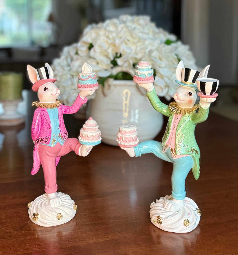 TenWaterloo Easter Bunny Tea Party Rabbit Figurines, 12.5 Inches High, Pink and Green with Gold Accents, Carved Elegant Decor, Spring Tabletop Decoration, Set of 2
