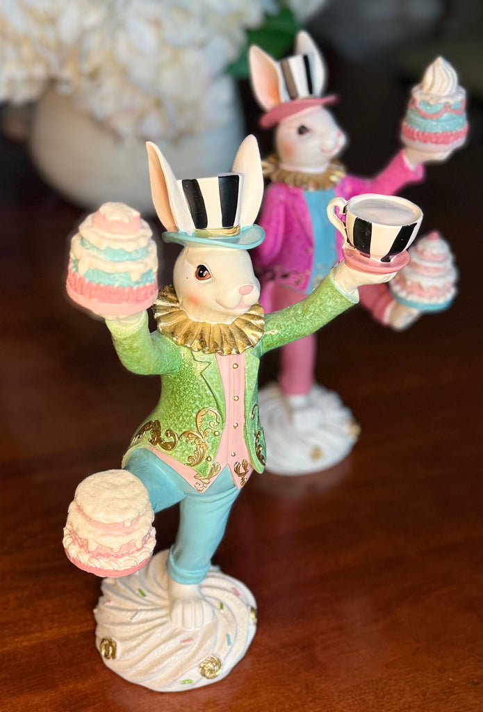 TenWaterloo Easter Bunny Tea Party Rabbit Figurines, 12.5 Inches High, Pink and Green with Gold Accents, Carved Elegant Decor, Spring Tabletop Decoration, Set of 2