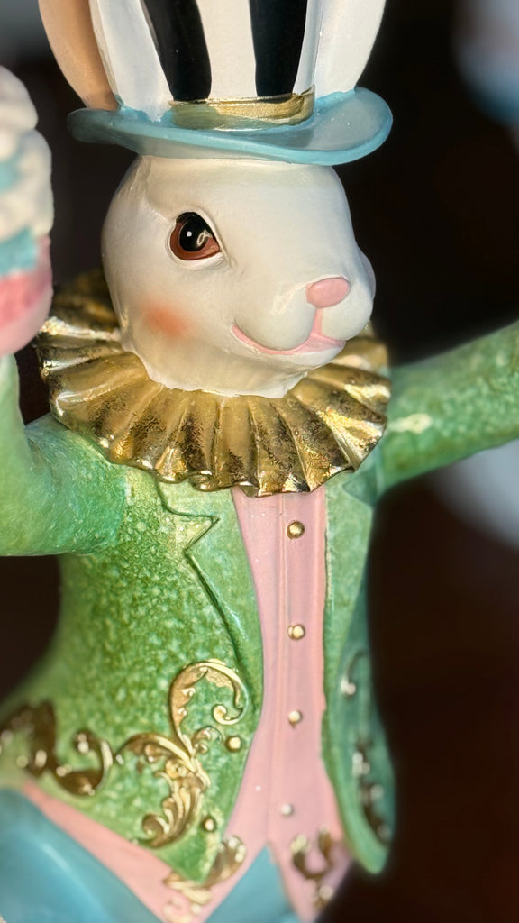 TenWaterloo Easter Bunny Tea Party Rabbit Figurines, 12.5 Inches High, Pink and Green with Gold Accents, Carved Elegant Decor, Spring Tabletop Decoration, Set of 2