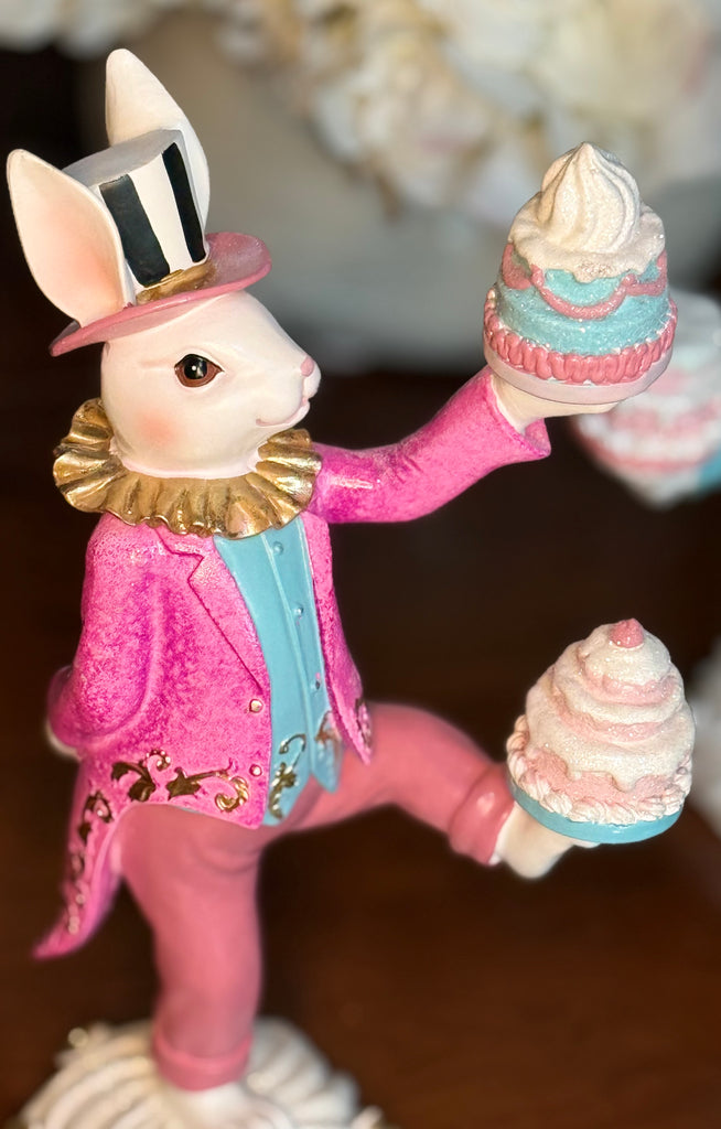 TenWaterloo Easter Bunny Tea Party Rabbit Figurines, 12.5 Inches High, Pink and Green with Gold Accents, Carved Elegant Decor, Spring Tabletop Decoration, Set of 2