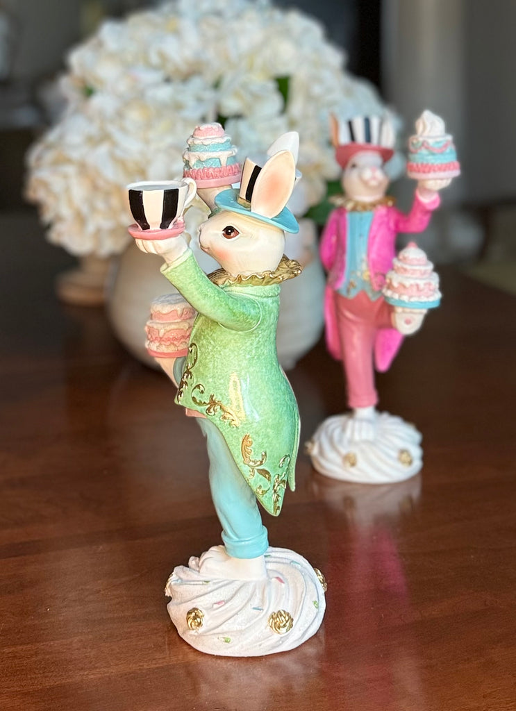 TenWaterloo Easter Bunny Tea Party Rabbit Figurines, 12.5 Inches High, Pink and Green with Gold Accents, Carved Elegant Decor, Spring Tabletop Decoration, Set of 2