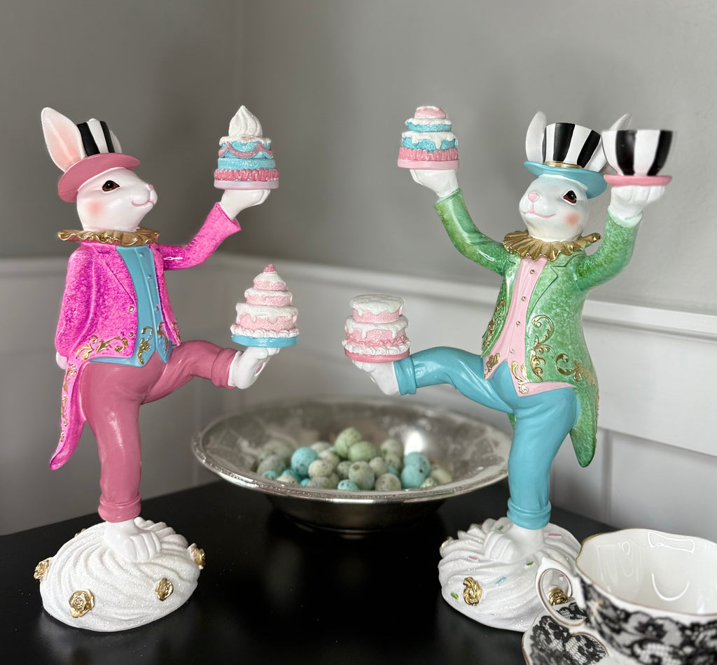 TenWaterloo Easter Bunny Tea Party Rabbit Figurines, 12.5 Inches High, Pink and Green with Gold Accents, Carved Elegant Decor, Spring Tabletop Decoration, Set of 2