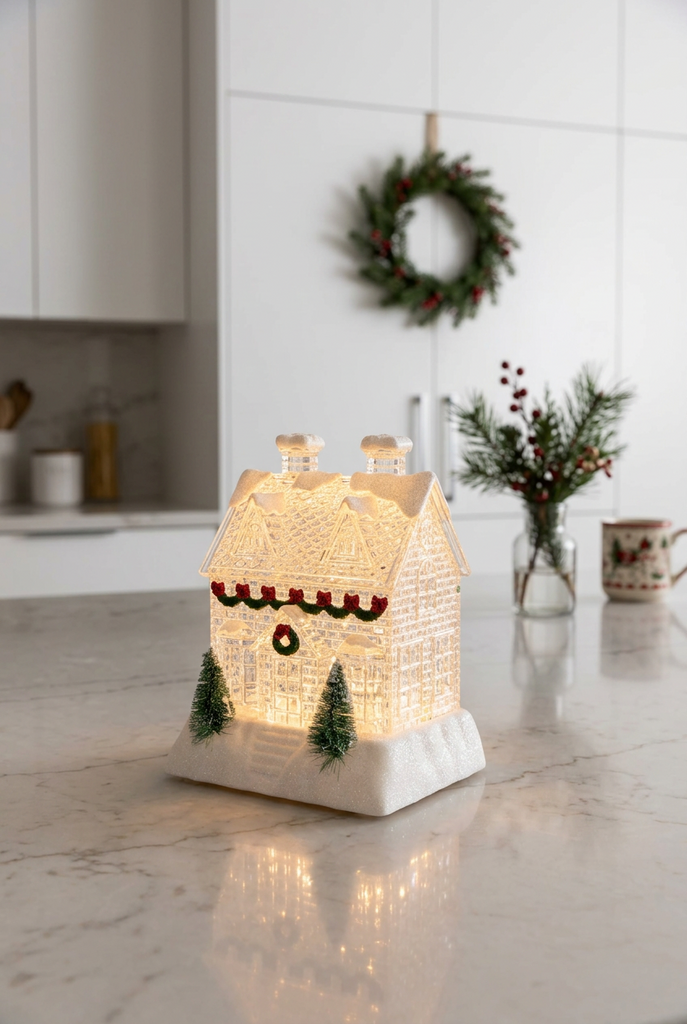 A lit holiday house ornament with a warm glowing crackle-glass exterior, snow-dusted roof and base, small green trees, a wreath, and a red garland with green leaves on the front.