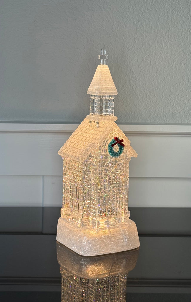 12" Water Snow Globe Crystal Clear Church, with Timer