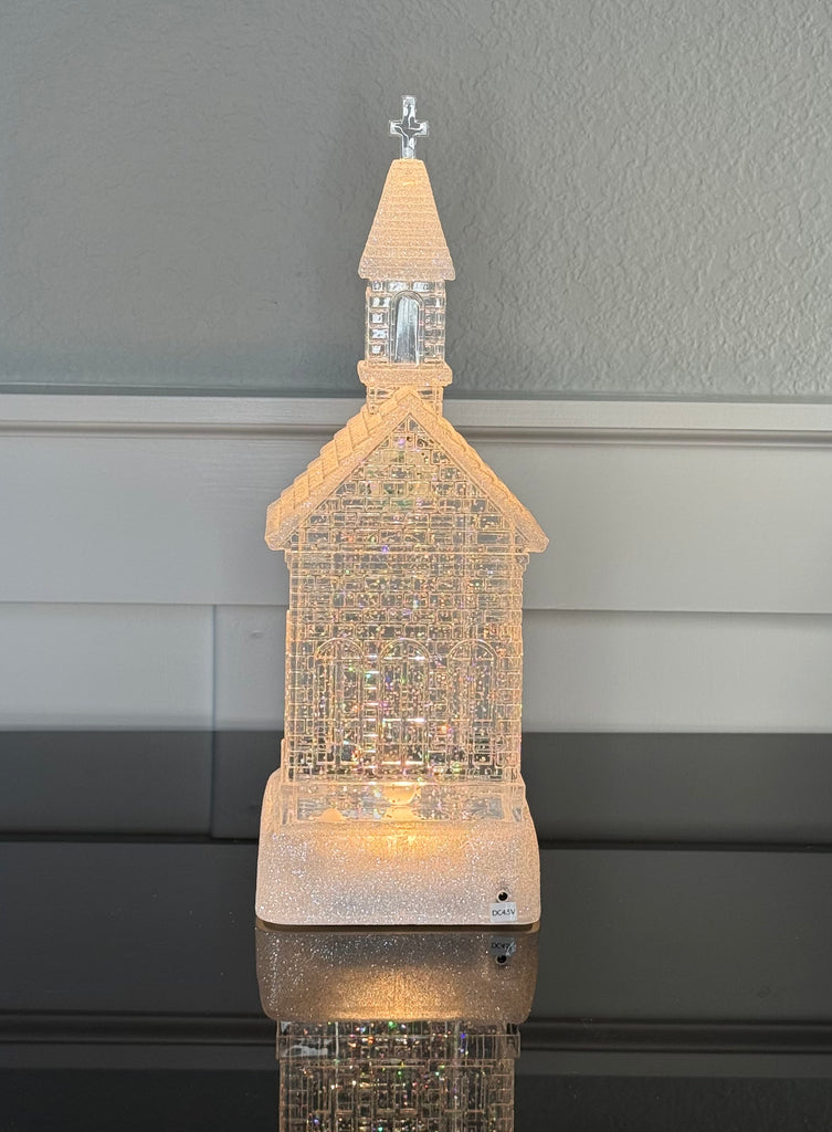 12" Water Snow Globe Crystal Clear Church, with Timer