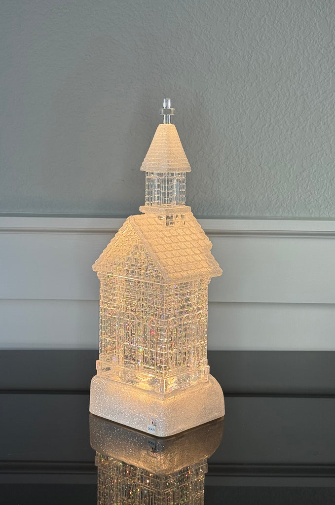 12" Water Snow Globe Crystal Clear Church, with Timer