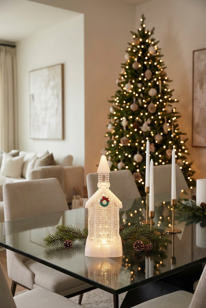 12" Water Snow Globe Crystal Clear Church, with Timer
