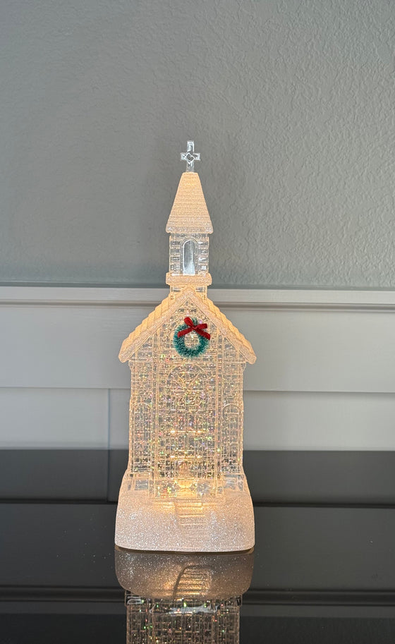 12" Water Snow Globe Crystal Clear Church, with Timer