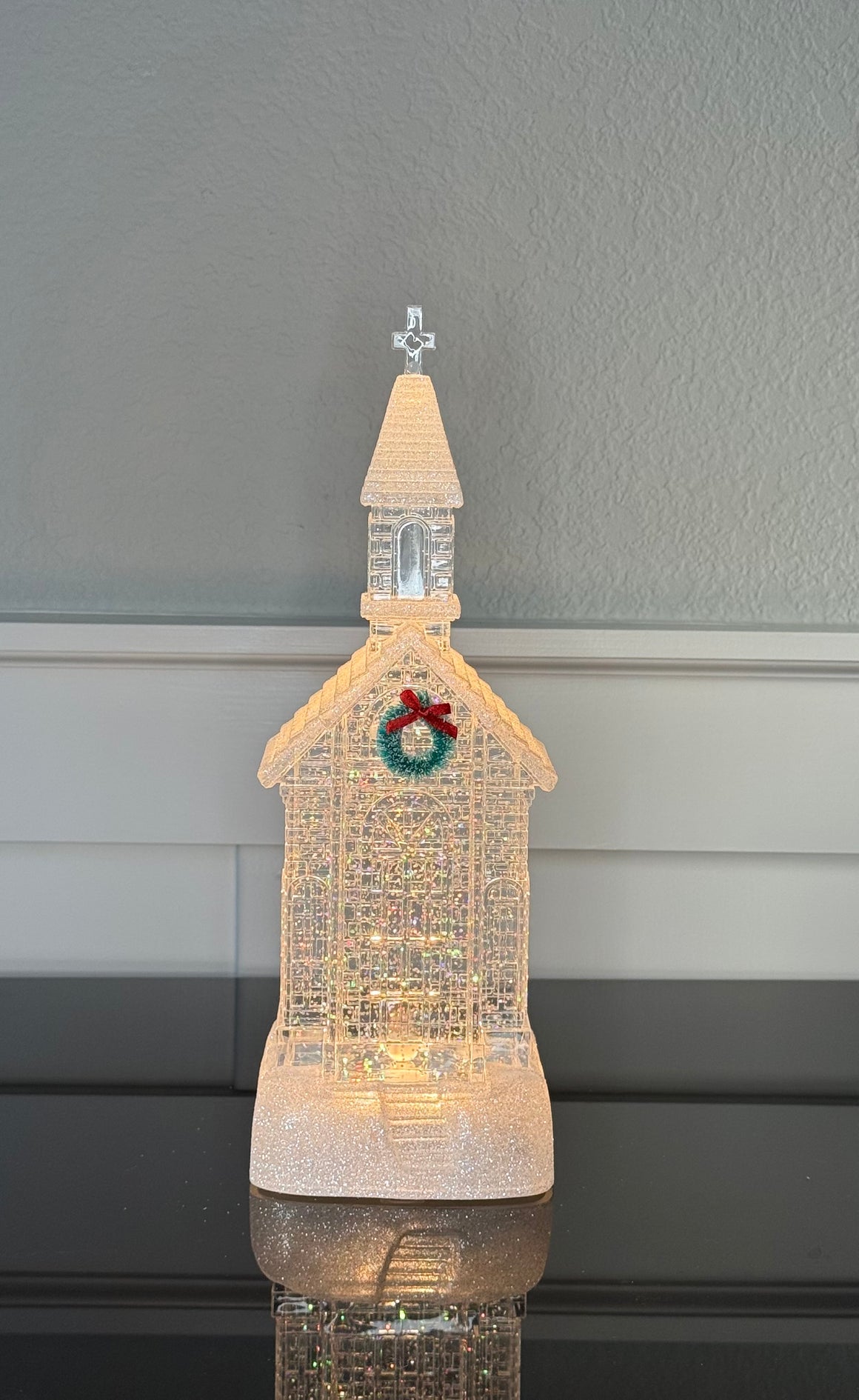 12" Water Snow Globe Crystal Clear Church, with Timer