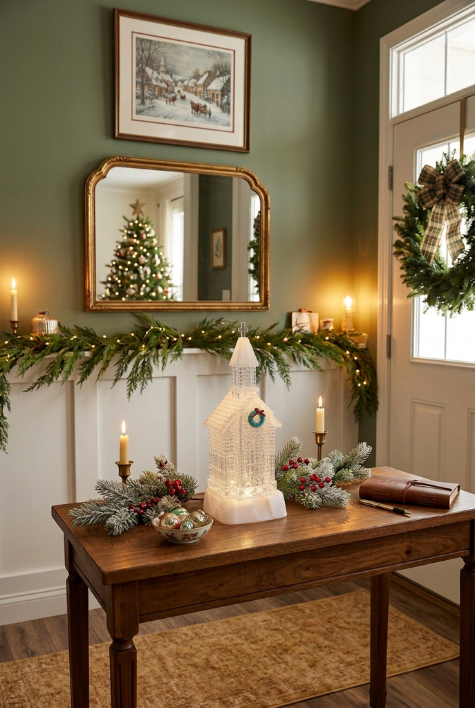 12" Water Snow Globe Crystal Clear Church, with Timer