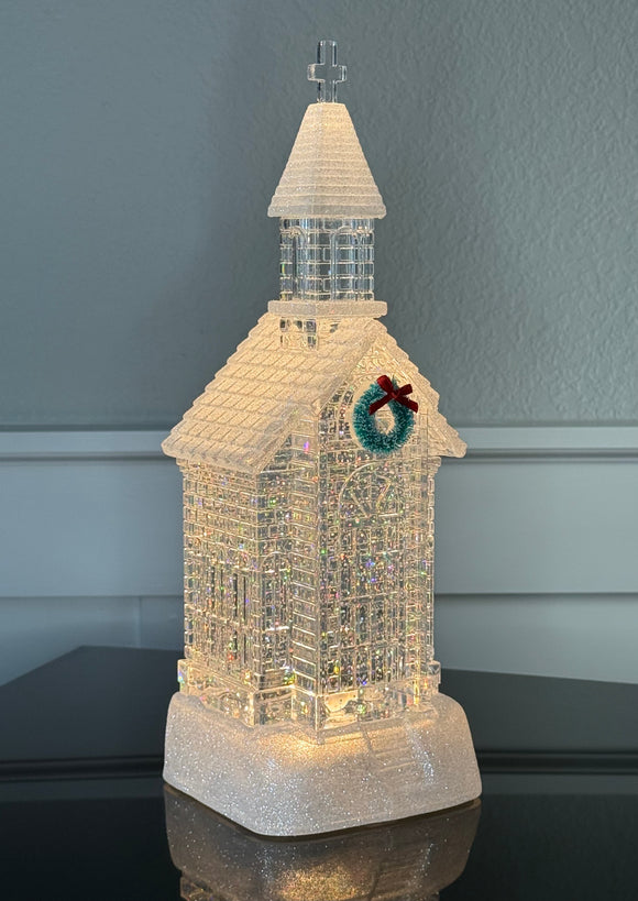 12" Water Snow Globe Crystal Clear Church, with Timer