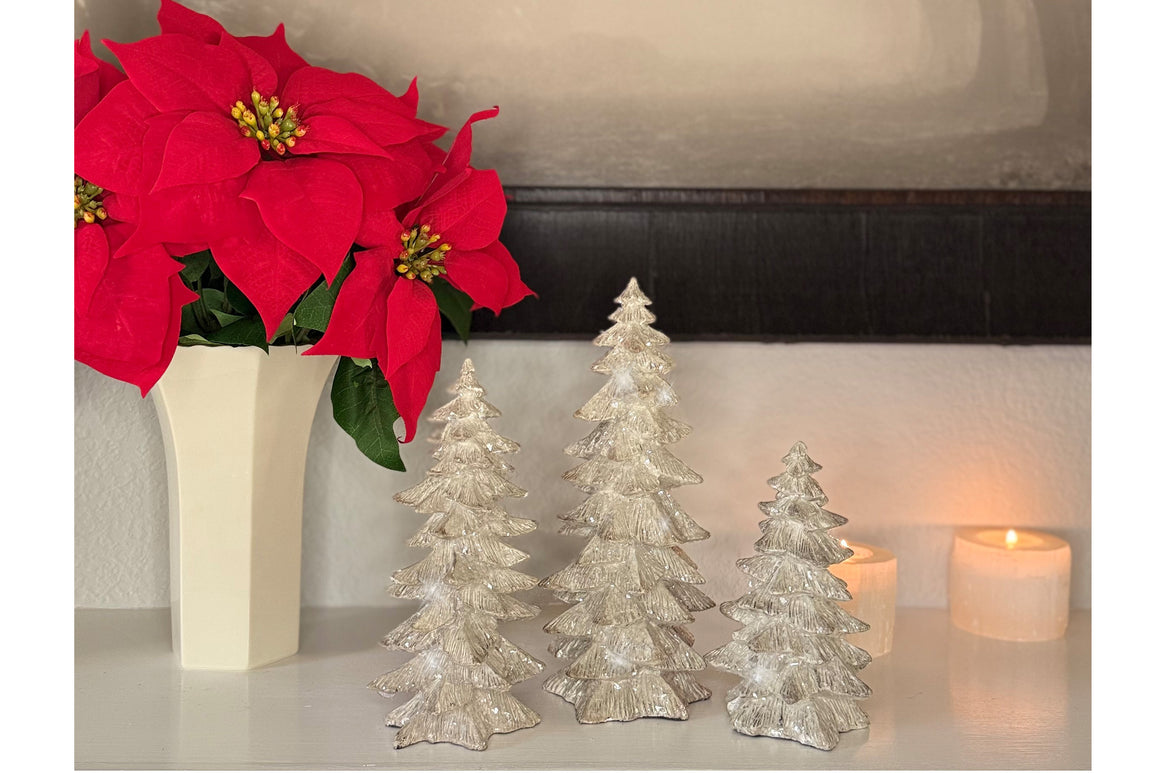 Set of 3 Antique White Glittered Christmas Trees- 6.25 inches to 9.5 inches Tall