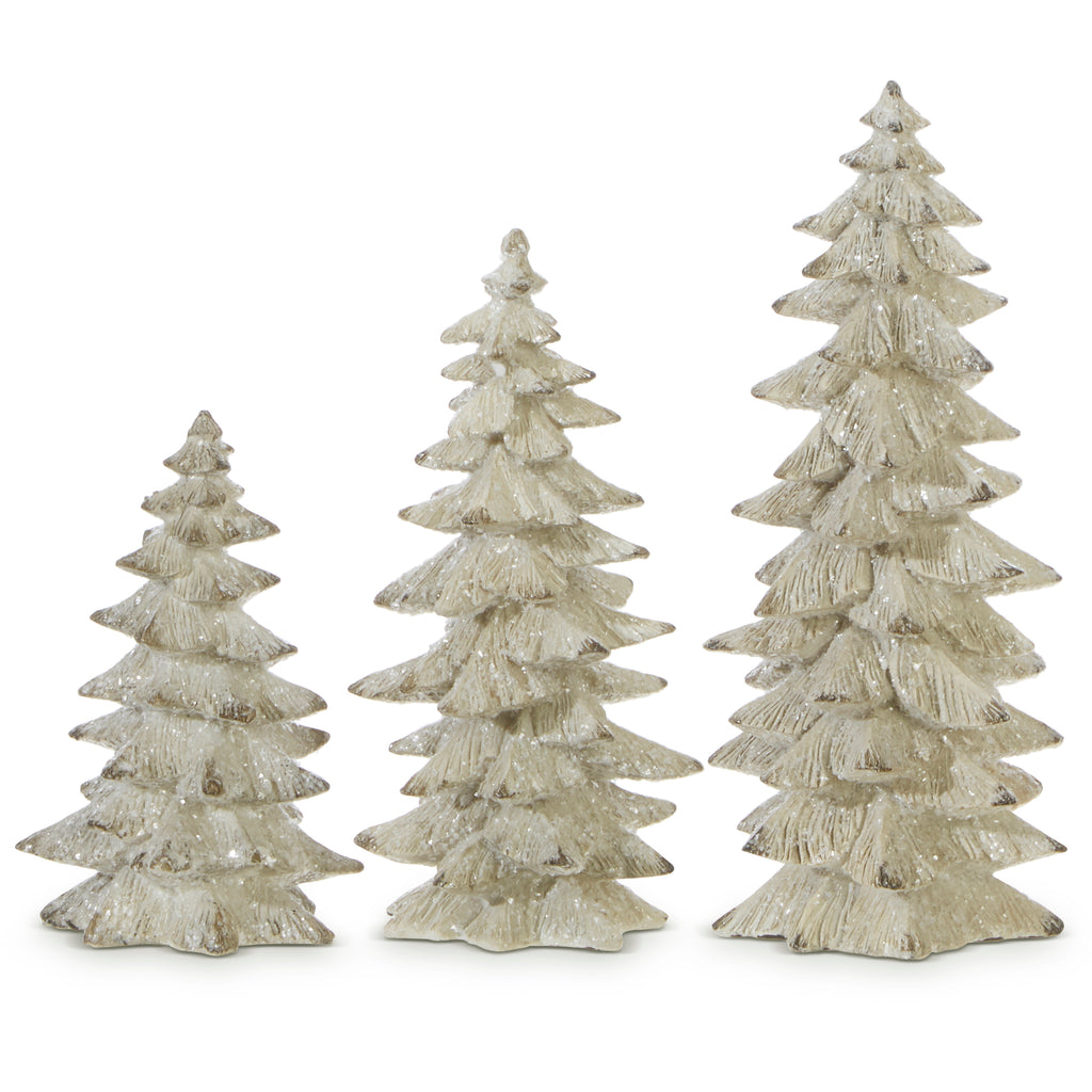 Set of 3 Antique White Glittered Christmas Trees- 6.25 inches to 9.5 inches Tall