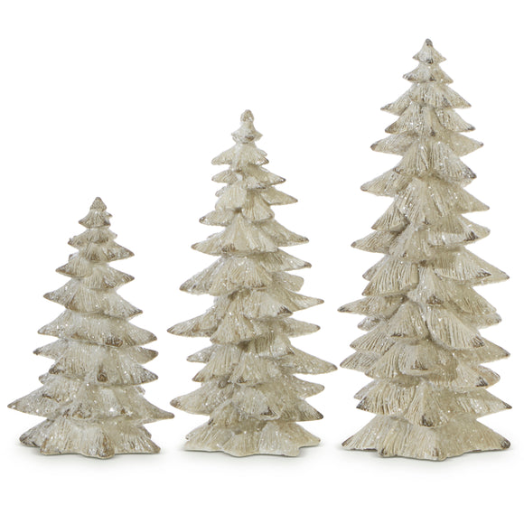 Set of 3 Antique White Glittered Christmas Trees- 6.25 inches to 9.5 inches Tall