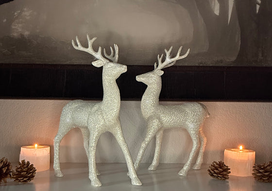 Set of 2 Holiday Reindeer Figures: 12.5 Inches Glitter Reindeer Decor by RAZ Imports (Silver)