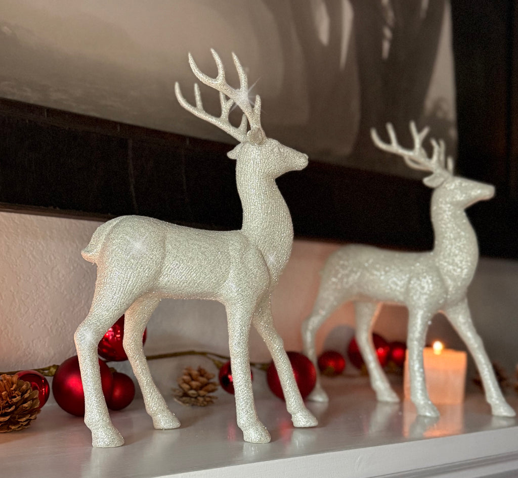 Set of 2 Holiday Reindeer Figures: 12.5 Inches Glitter Reindeer Decor by RAZ Imports (Silver)