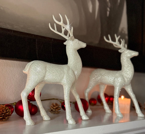 Set of 2 Holiday Reindeer Figures: 12.5 Inches Glitter Reindeer Decor by RAZ Imports (Silver)