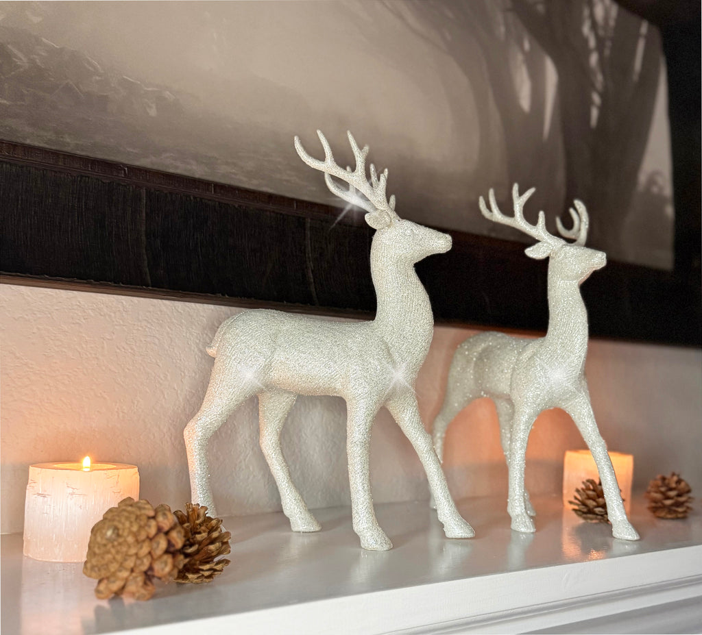 Set of 2 Holiday Reindeer Figures: 12.5 Inches Glitter Reindeer Decor by RAZ Imports (Silver)