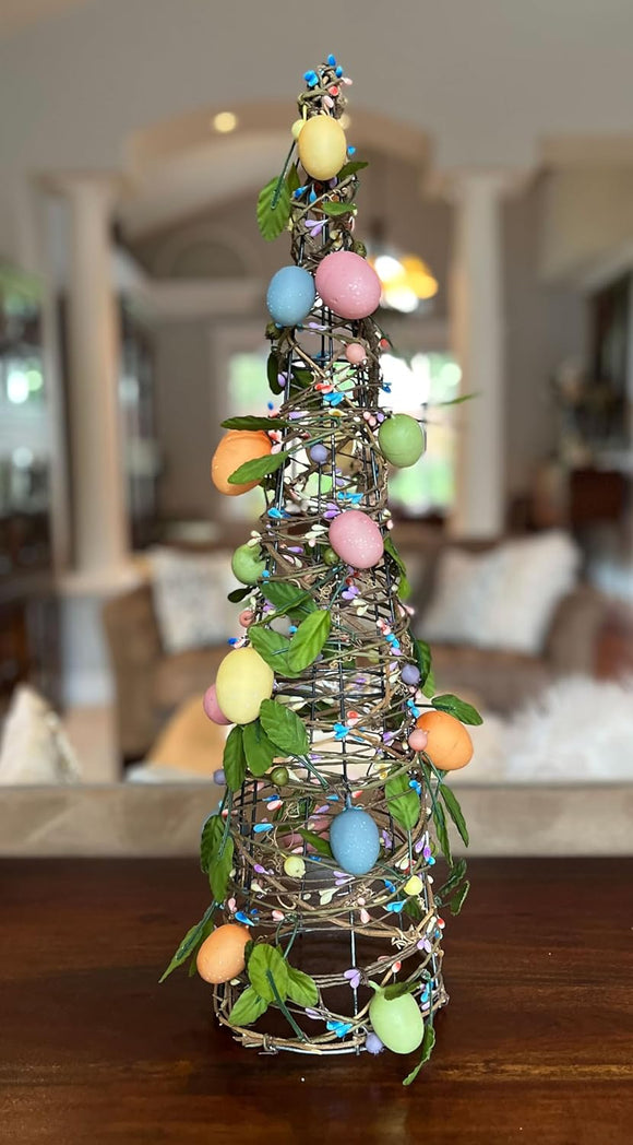 23 Inch High Easter Egg Topiary Tree Wrapped with Ceramic Coated Seed Berries and Natural Twigs - Yellow, Orange, Green Purple, Pink and Blue