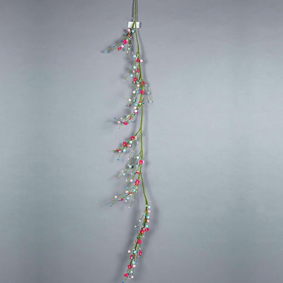 5 Foot Long Garland with Ceramic Coated Bead Berries and Pastel Faux Berries on Green Wrapped Wire Branches with Artificial Flower Blossoms