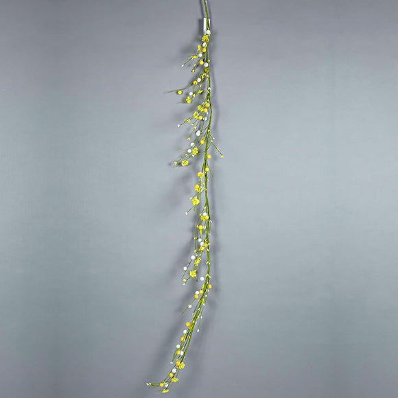 5 Foot Long Garland with Ceramic Coated Bead Berries and Yellow and White Faux Berries on Green Wrapped Wire Branches with Artificial Flower Blossoms