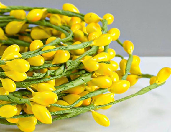 59 Foot Wired Garland of Yellow Ceramic Coated Seed Bead Berries on Green Wrapped Wired Branches, 2 Strands 354 Inches Each