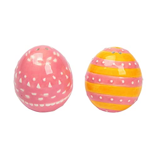 Easter Egg Salt and Pepper Shaker Set of 2, Gloss Ceramic Decorated Eggs in Pink, White and Golden Yellow