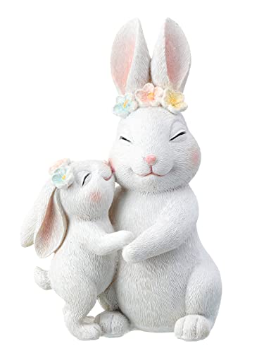 RIBC Loving Easter Bunny Mother and Child Statue, 6.25 Inches High White Easter Rabbit Figurine, Kissing Baby Rabbit