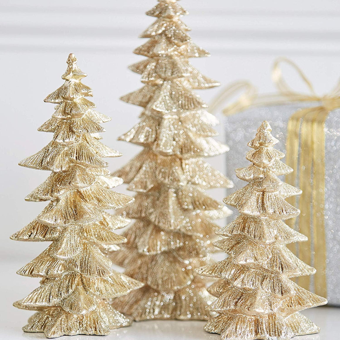 Glittered Christmas Tree Decorations, Set of 3, Champagne Gold, 6.5 to 9.5 inches, Sculpted Christmas Trees