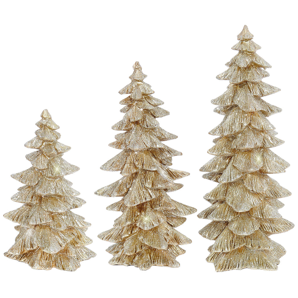 Glittered Christmas Tree Decorations, Set of 3, Champagne Gold, 6.5 to 9.5 inches, Sculpted Christmas Trees