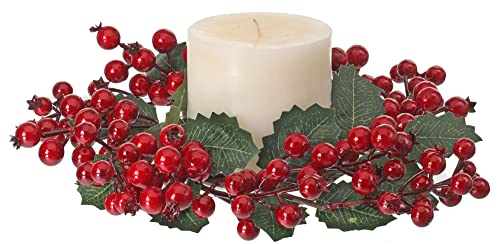RIBC 12 Inch Artificial Holly and Red Crabapple Berry Candle Ring, Winter and Christmas Décor for Pillar Candles Green Red