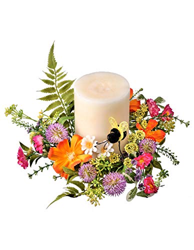 Reg 10 Inch Summer Blooms and Bumble Bee Candle Ring-Artificial Floral Yellow,Pink,Orange and White Blossoms