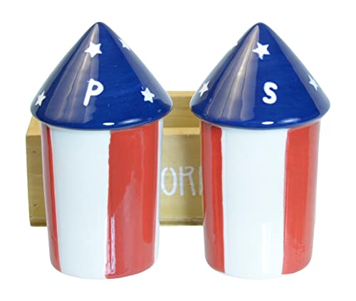 Firecracker 4th of July Salt and Pepper Shaker Set - Patriotic Red, White and Blue Ceramic Salt and Pepper Shakers With Wood Crate Holder
