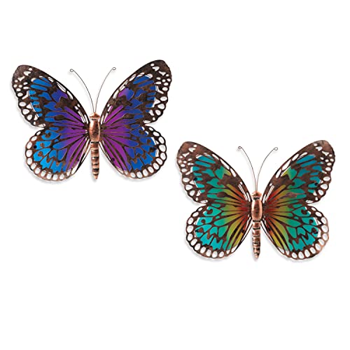 TenWaterloo Set of 2 Bronzed Metal and Stained Glass Look Butterfly Wall Sculpture Art, 17.5 x 14 Inches Each, Indoor or Outdoor - Blue, Yellow, Pink, Orange Monarch Butterflies