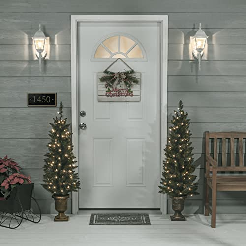 Set of 2 Lighted Pre-Potted 4 Foot Artificial Cedar Topiary Outdoor Indoor Trees - Set of 2 - Battery Operated with Timers