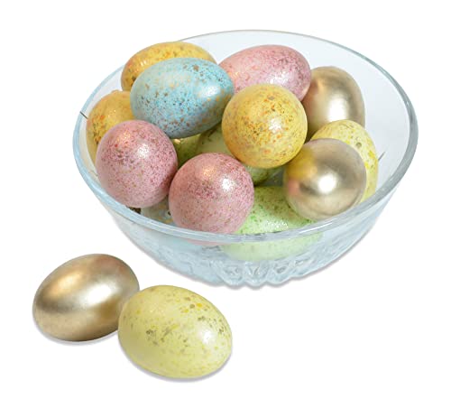 Set of 18 Gold Hued Easter Eggs in Blue, Green, Cream, Yellow, Pink and Gold - 2.25 Inches Artificial Decorated Easter Eggs, Vase and Bowl Fillers