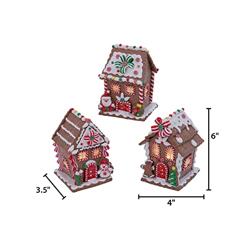 Set of 3 5.5-in B/O lighted clay dough gingerbread houses