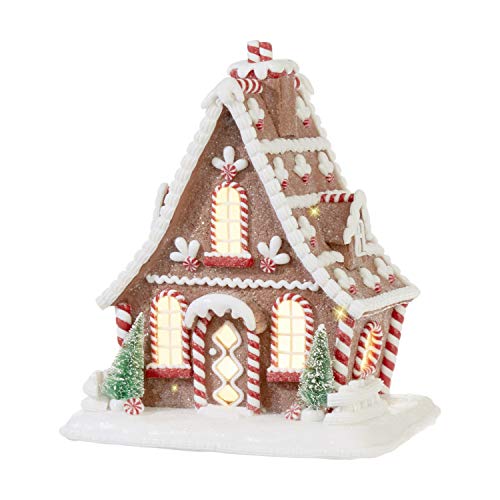 TenWaterloo Large Lighted Gingerbread Peppermint Candy House in Clay Dough Resin with Frosted Snow Look, Battery Operated, 10 inches High x 8.5 Inches Wide- White, Red and Tan