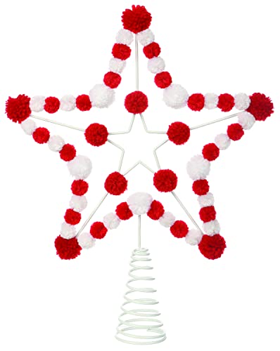 Pom Pom White Metal Star Christmas Tree Topper in Red and White 13 inches High