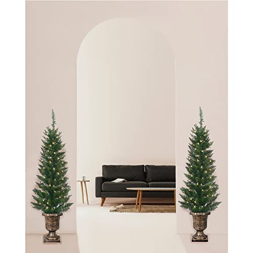 Set of 2 Lighted Pre-Potted 4 Foot Artificial Cedar Topiary Outdoor Indoor Trees - Set of 2 - Battery Operated with Timers