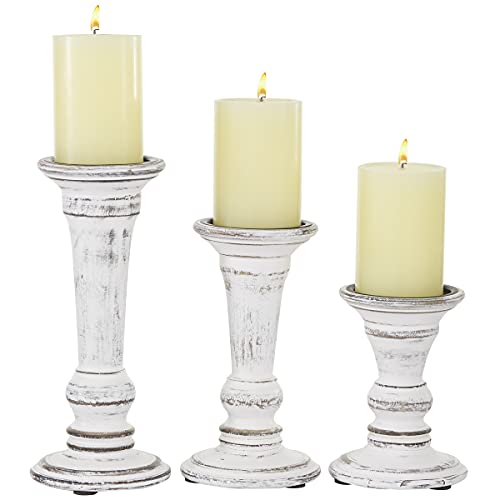 White Wood Distressed Look Pillar Candle Holders - 10 Inch, 8 Inch and 6 Inches High, White, Set of 3