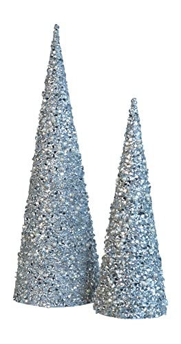 Set of 2 Iced and Glittered with Pearls Silver Christmas Cone Trees , 17 Inch and 12 Inch High