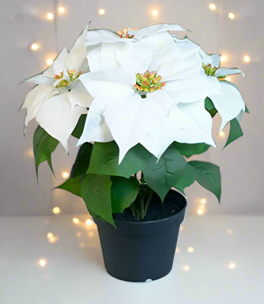 Allstate 14 Inch White Artificial Christmas Poinsettia Plant in Pot, Velvet Touch Flowers